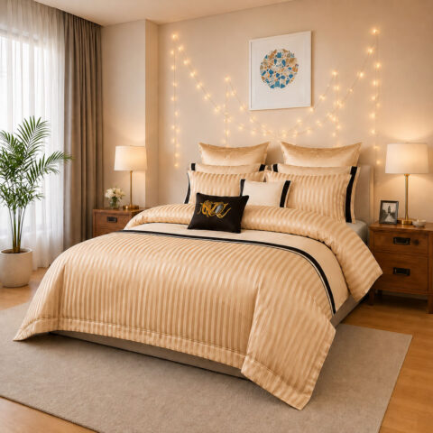 Deep Warm Ivory Stripe Bedding Set